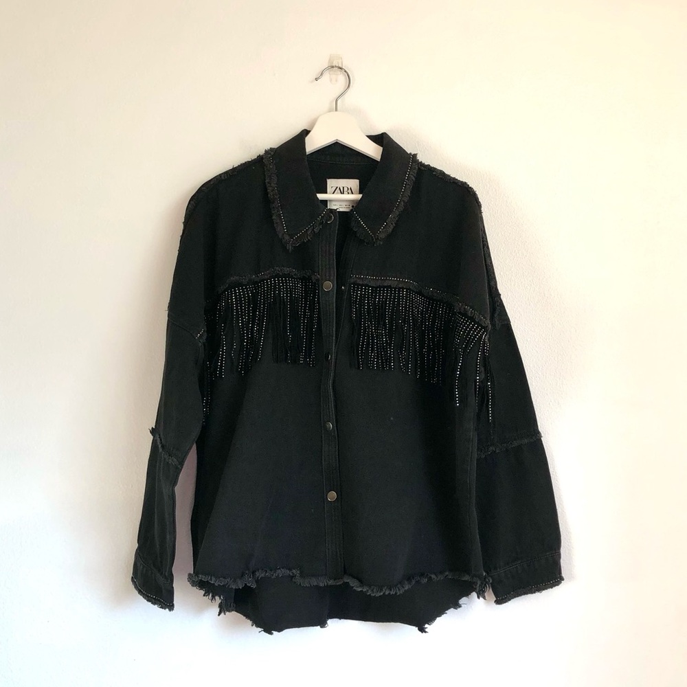 Zara Black Denim Rhinestone Tassel Western Shirt Jacket Shacket Size Large
